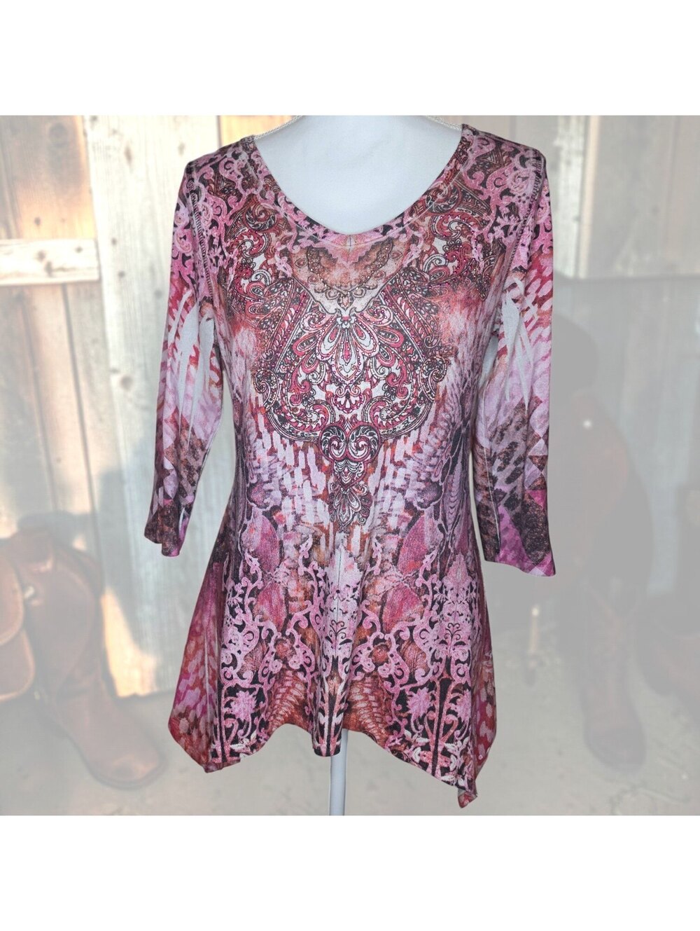 energe PL Rhinestone Tunic Top - Womens 3/4 Sleeve Pink Paisley Boho Y2K Western